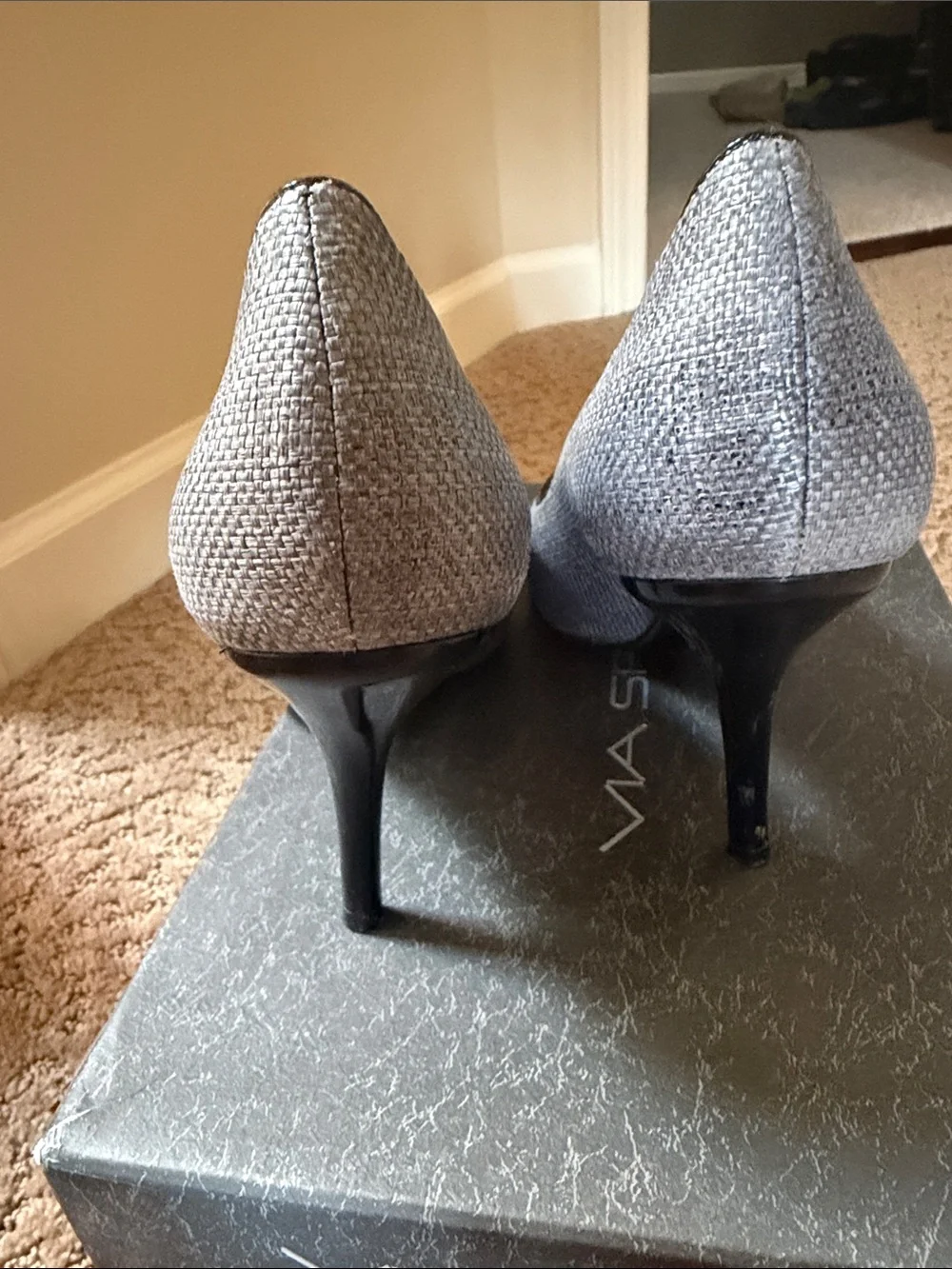 Via Spiga Silver and Black Peep-Toe Heels